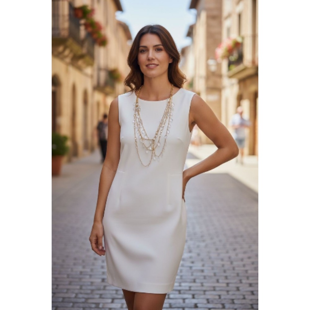 Donna Morgan Sleeveless White timeless Shift Dress W/ Gold Bead Necklace SZ 10